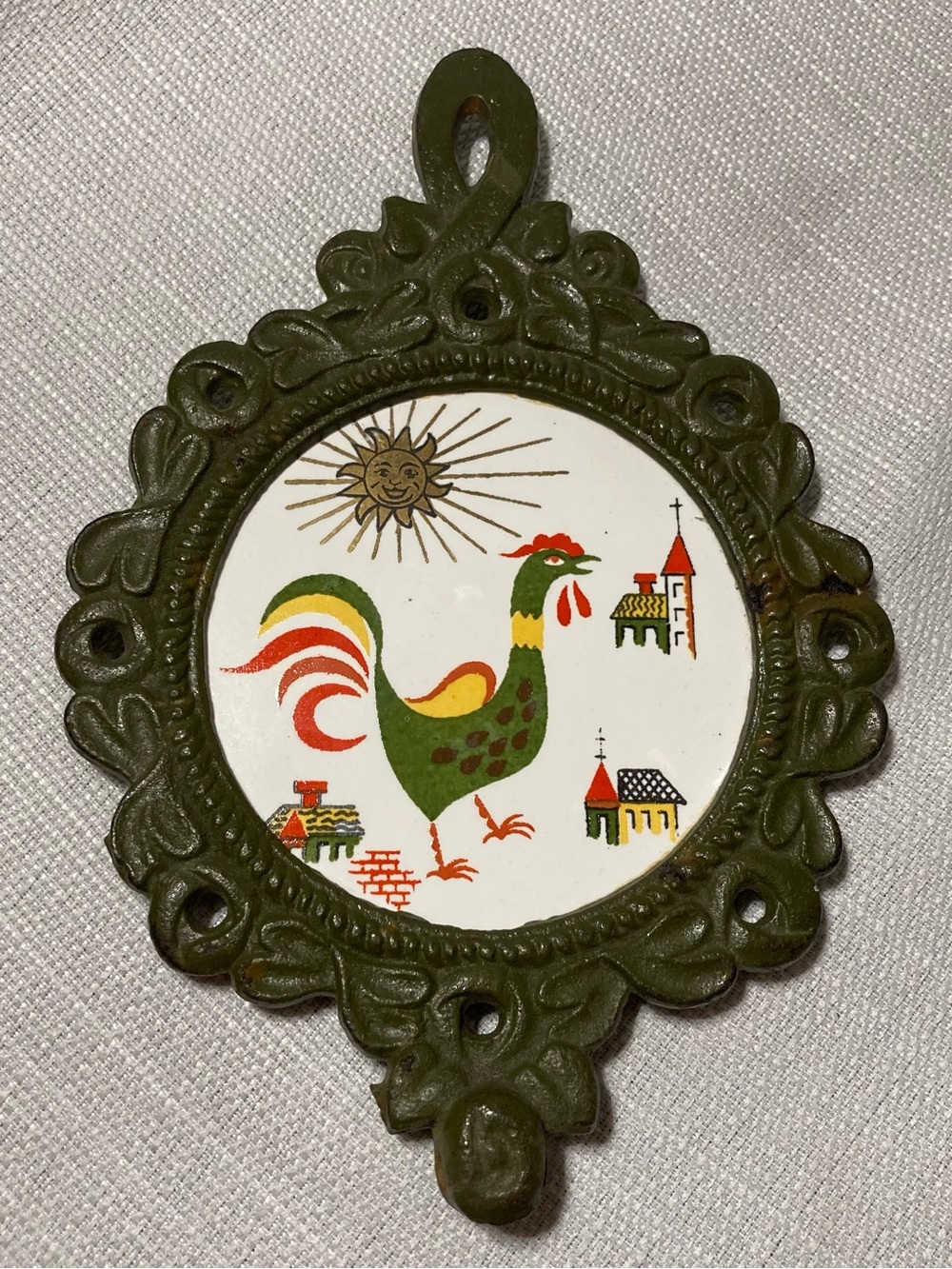 1970's Japan Rooster in Town Motif Deep Olive Cast Iron Trivet/Wall Hanging!